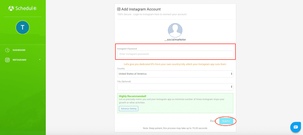 when you should enter your Instagram password to link your account to AiSchedul