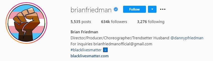 Instagram bio of brian friedman who is an Instagram dancer