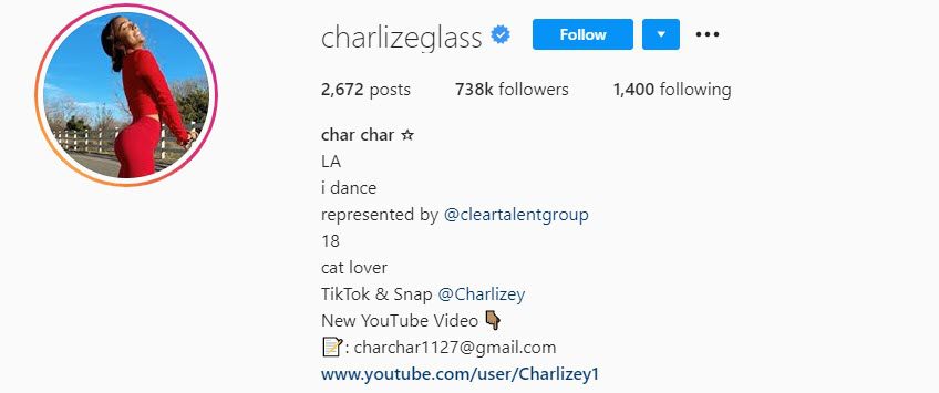 Instagram bio of charlize glass who is an Instagram dancer