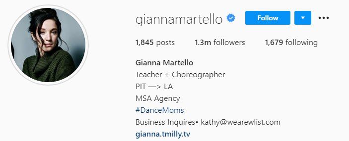Instagram bio of gianna martello who is an Instagram dancer