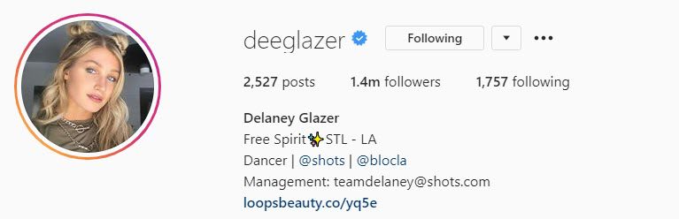 Instagram bio of Delaney Glazer who is an Instagram dancer