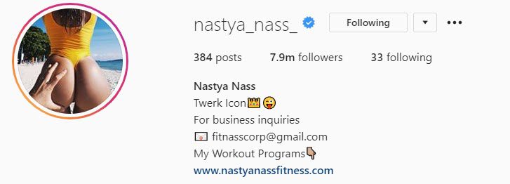 Instagram bio of Nastya Nass who is an Instagram dancer