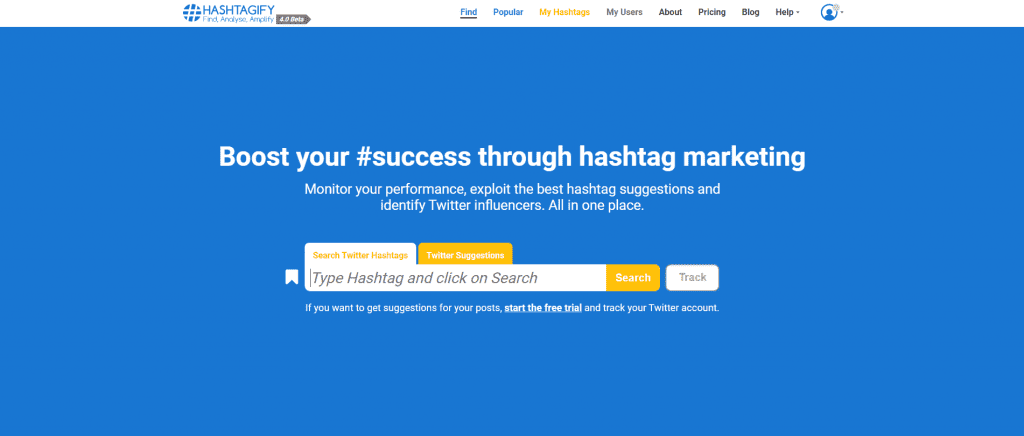 Landing page of Hashtagify.me which is an Instagram hashtag tool