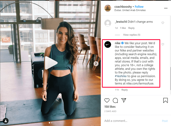 nike asking for reposting a photo as UGC