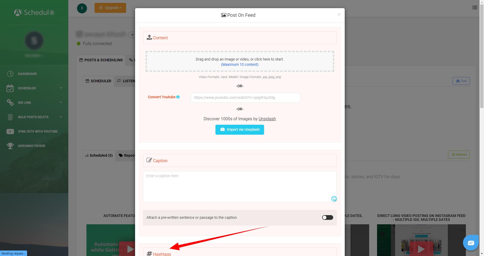 Step 2 to using AiSchedul to search multiple hashtags on Instagram.