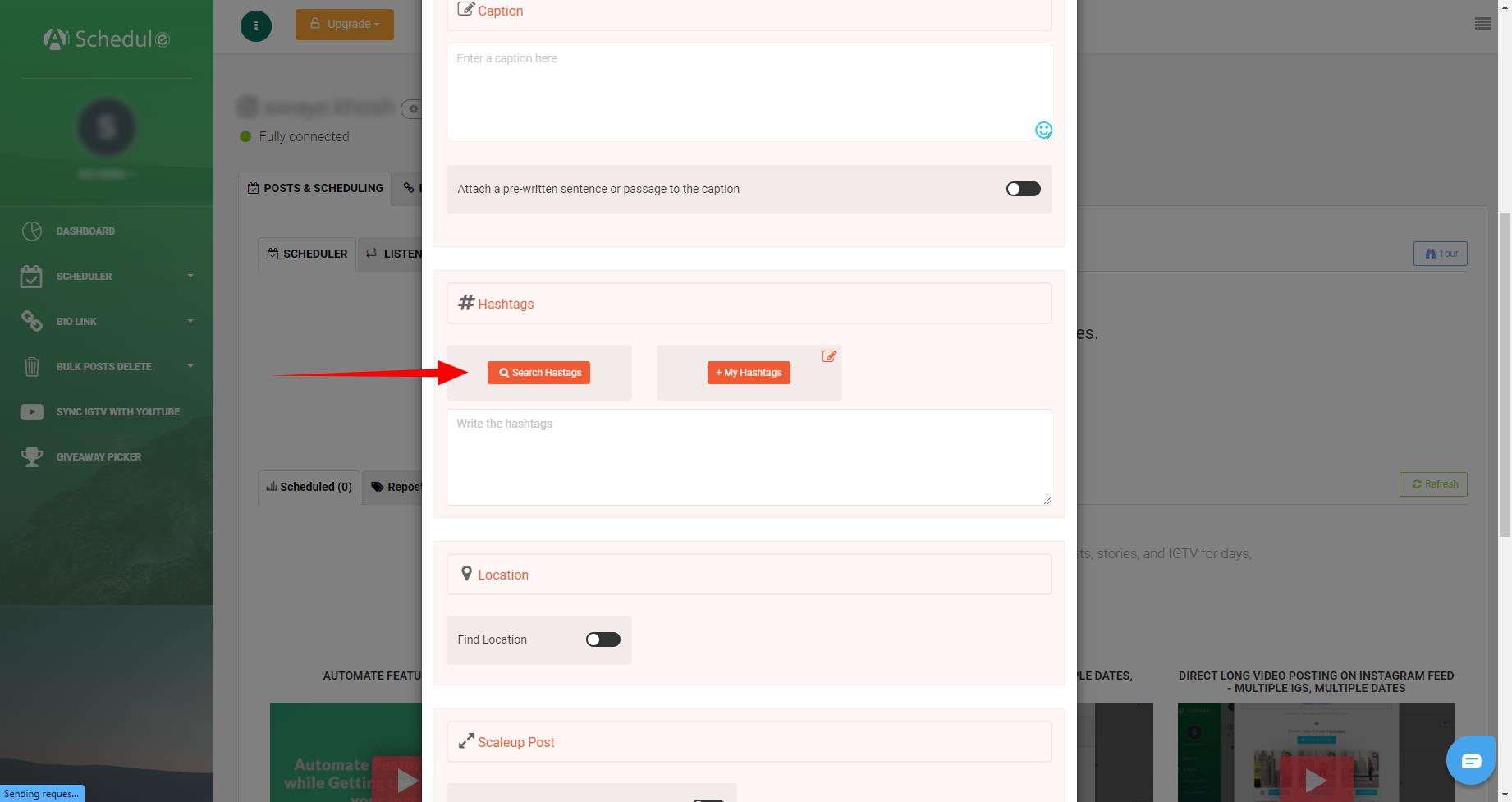 Step 3 to using AiSchedul to search multiple hashtags on Instagram.