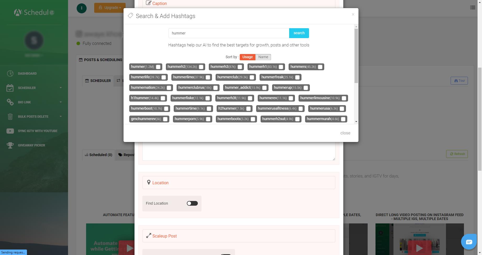 Step 4 to using AiSchedul to search multiple hashtags on Instagram.