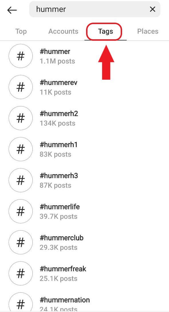 How to do an Instagram hashtag search within the app. Tap on 'Tags'.