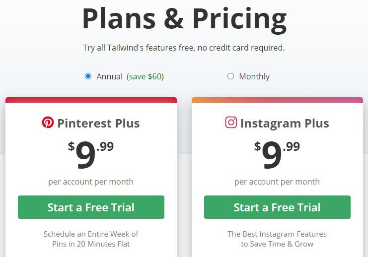 plans and pricing of tailwind to monitor Instagram and pinterest