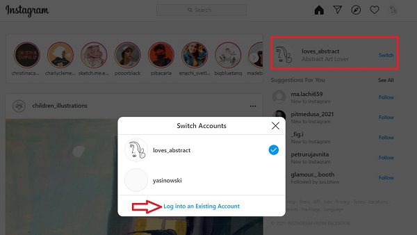 switch Instagram accounts on a PC