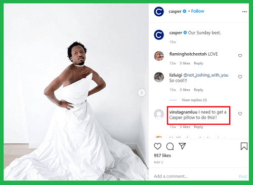 @casper post about pillow challenge for promoting startup business on Instagram