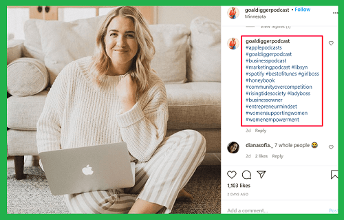 A screenshot from Goal Digger Podcast Instagram Page showing Hashtags