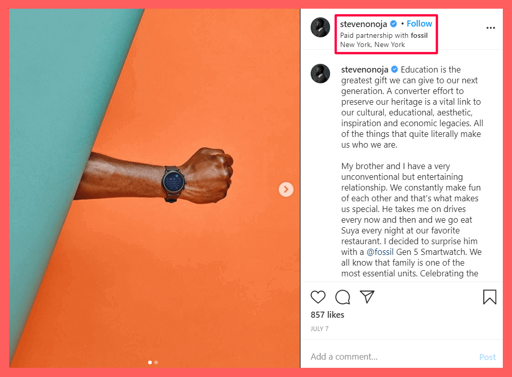 paid partnership with a brand per on Instagram