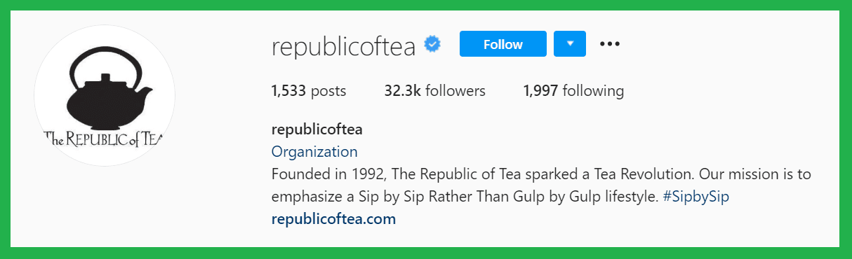 Republic of Tea Instagram Bio for promoting startup business on Instagram