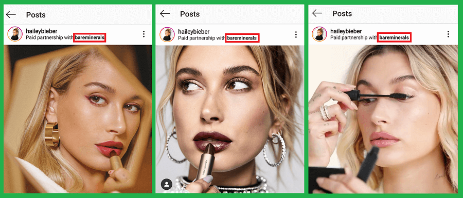 Hailey Bieber Makes Money from her Instgaram photos sponsored by bareMinerals