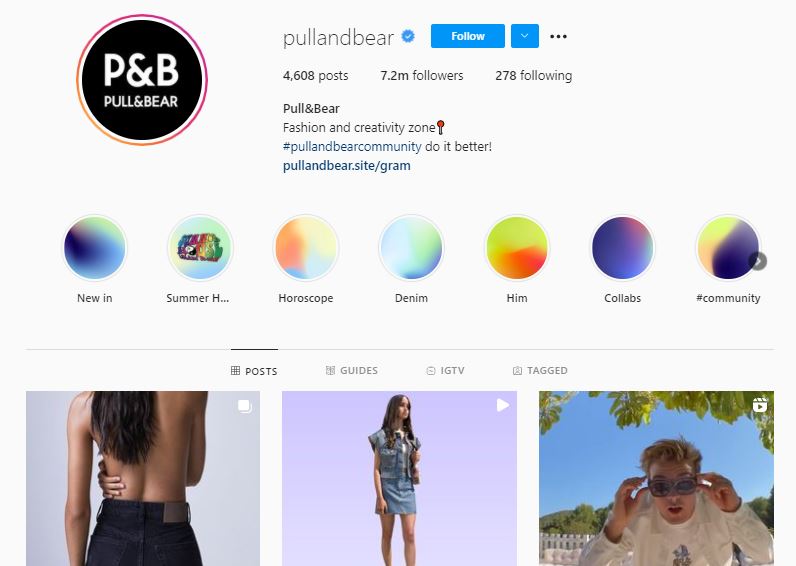 To build a brand on Instagram it's good to get inspiration from the top already-established brands on the platform like Pull and Bear.