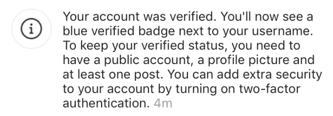 The message you receive if the accept to verify your Instagram account