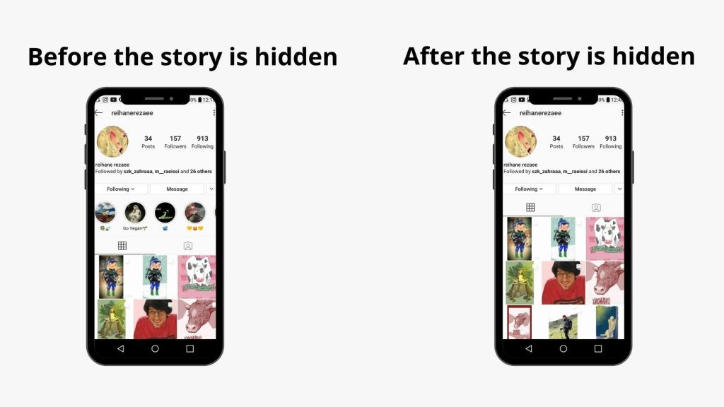 before & after of the profile of the user who hide stories from you