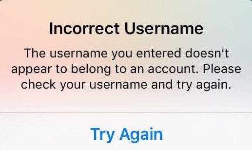 Instagram login error of "Incorrect username"
