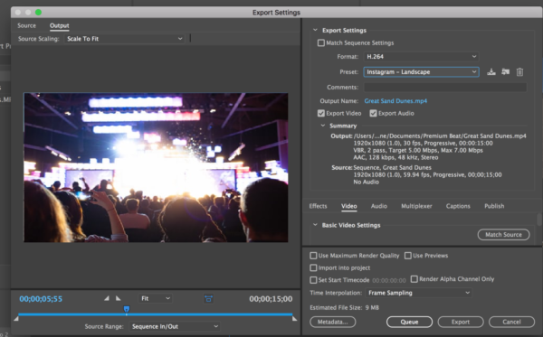 IGTV export settings premiere