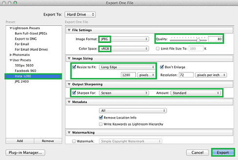 best lightroom export settings for instagram