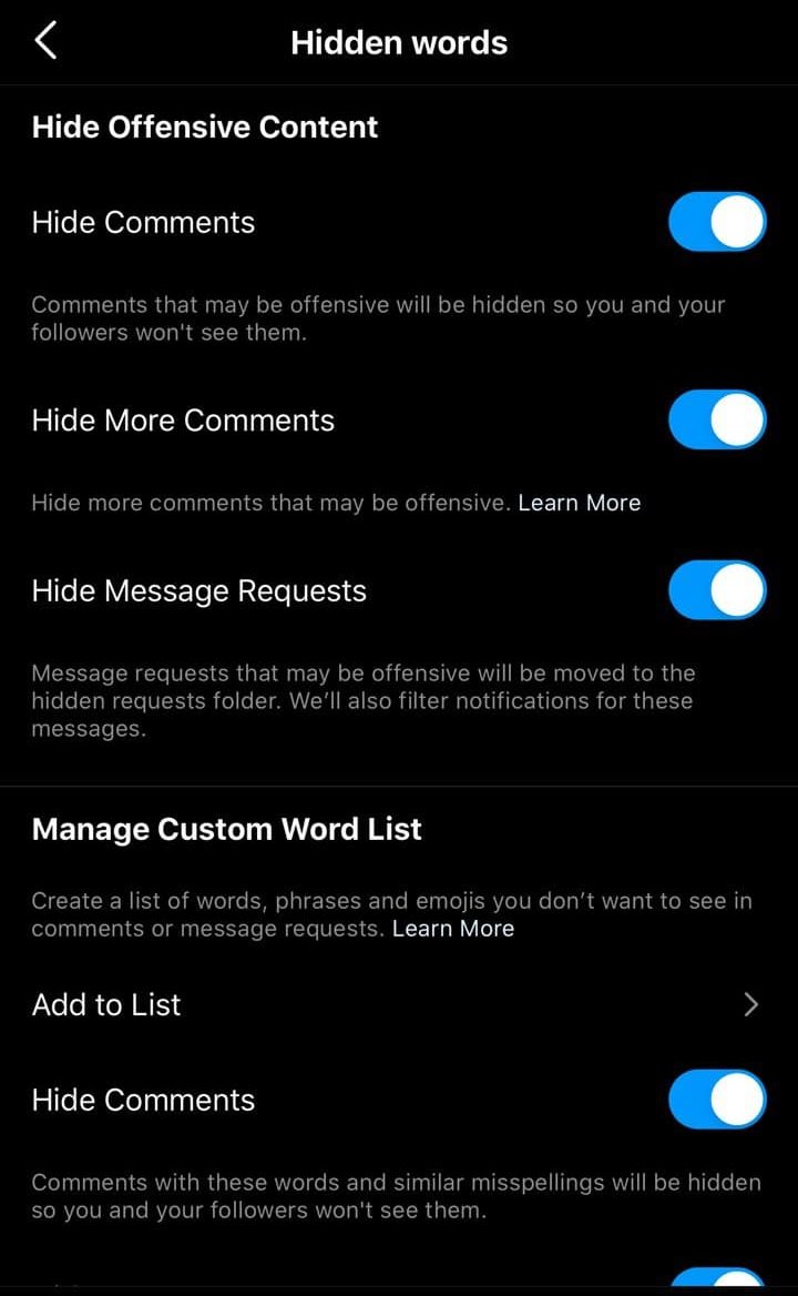 What are Instagram hidden words and limits features?