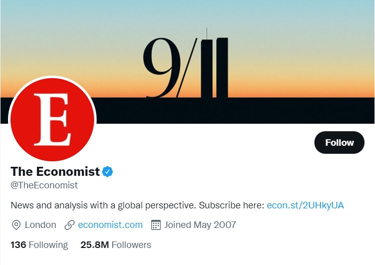 The use of a proper CTA in The Economist's Twitter bio.