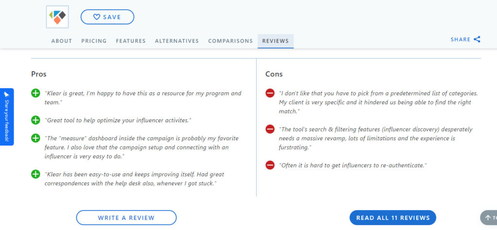 Klear influencer marketplace pros and cons