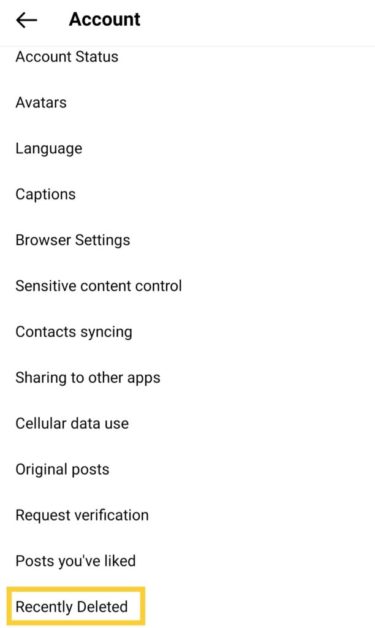 The recently Deleted section on Instagram