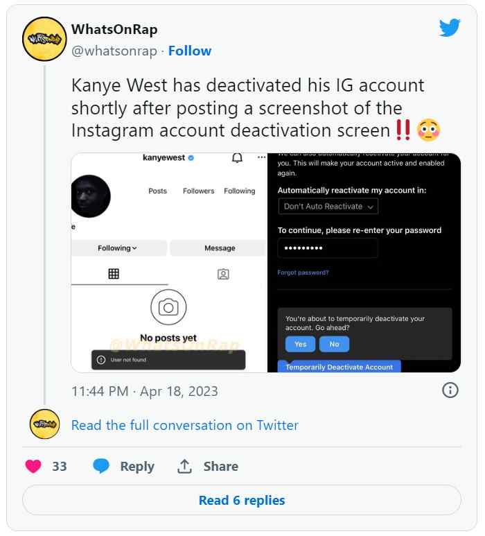 Kanye West Deactivates Instagram Account