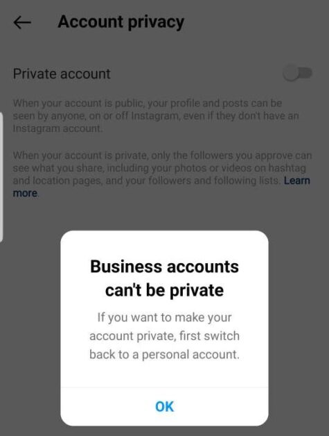 Business accounts can't be private