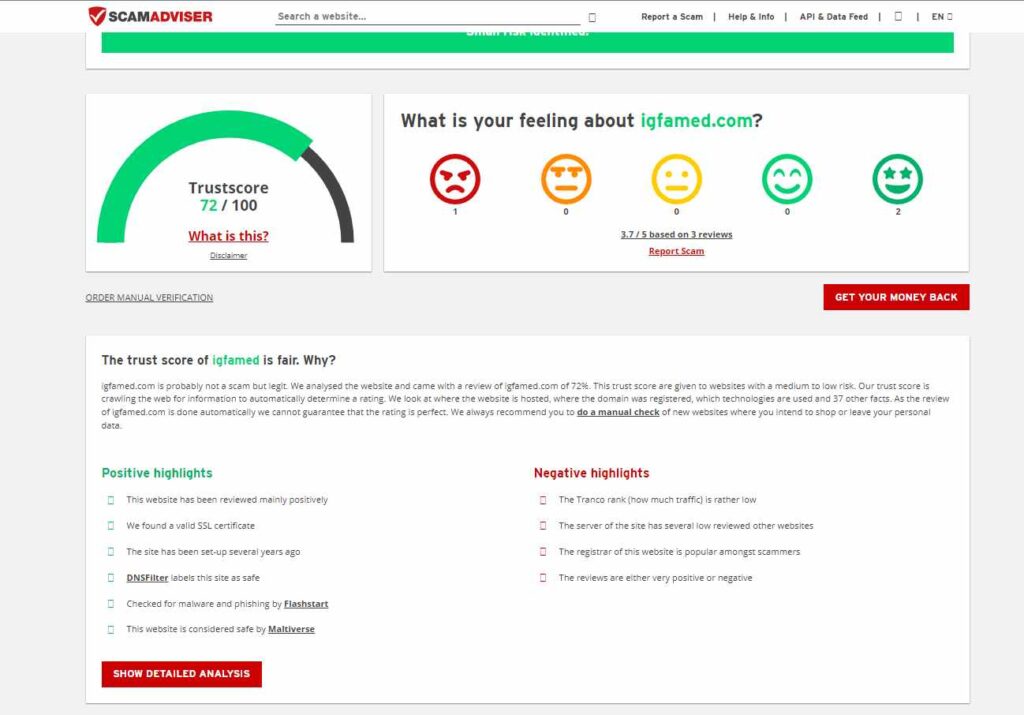 Igfamed Review on Scam Advisor