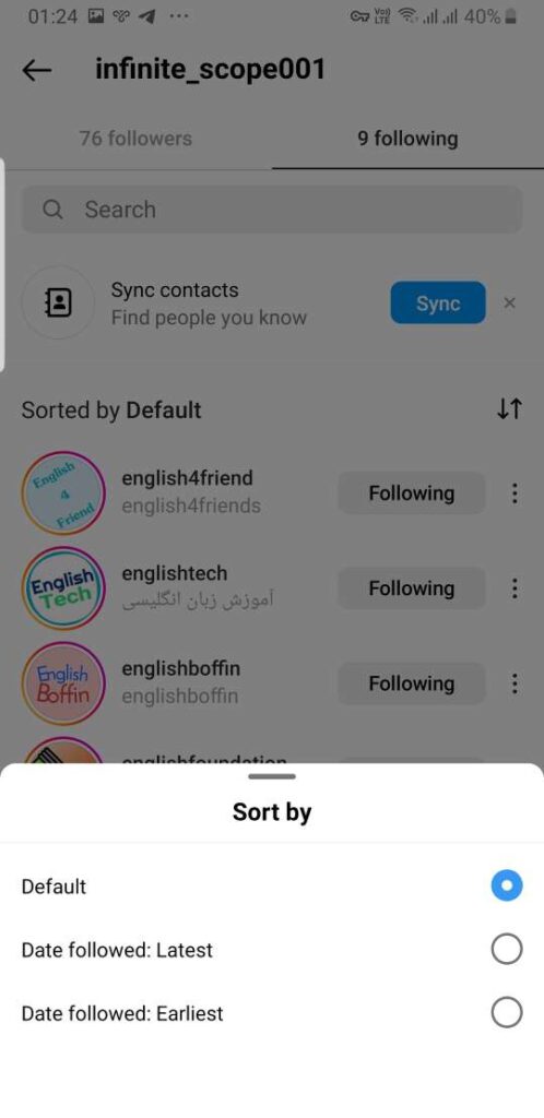 how does instagram sort default following list