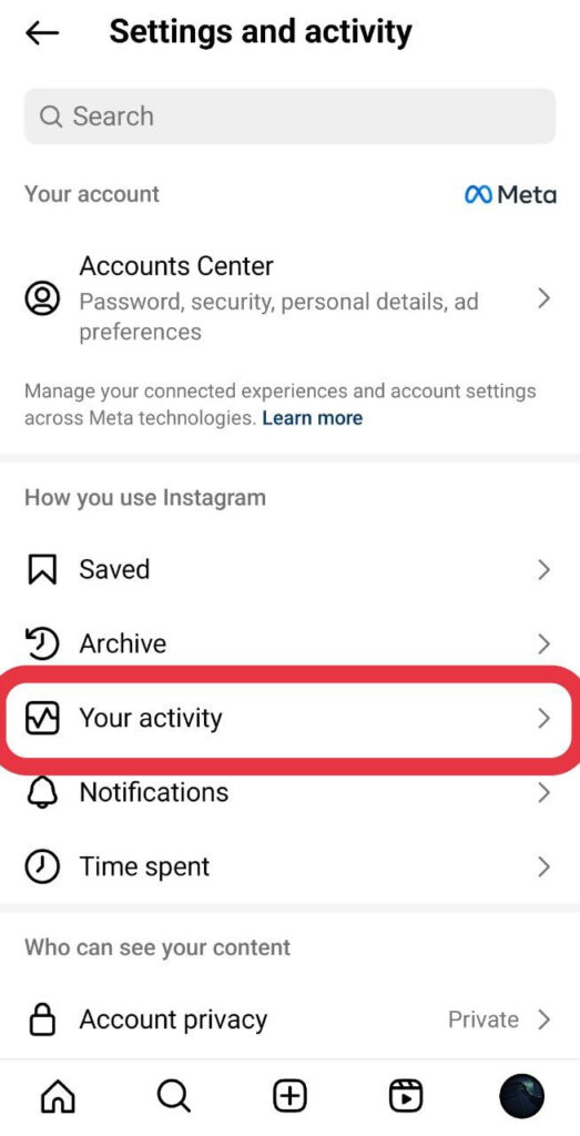 'Your activity' option on Instagram