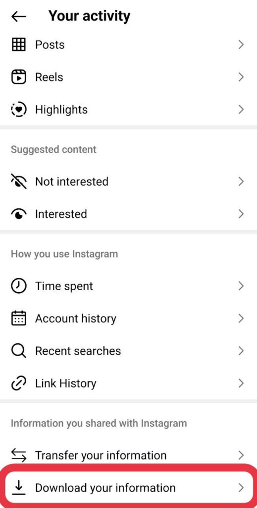 'Download your information' option on Instagram
