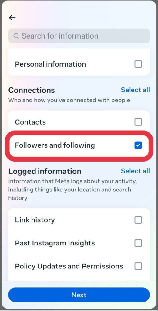 Selecting 'Followers and following' Option