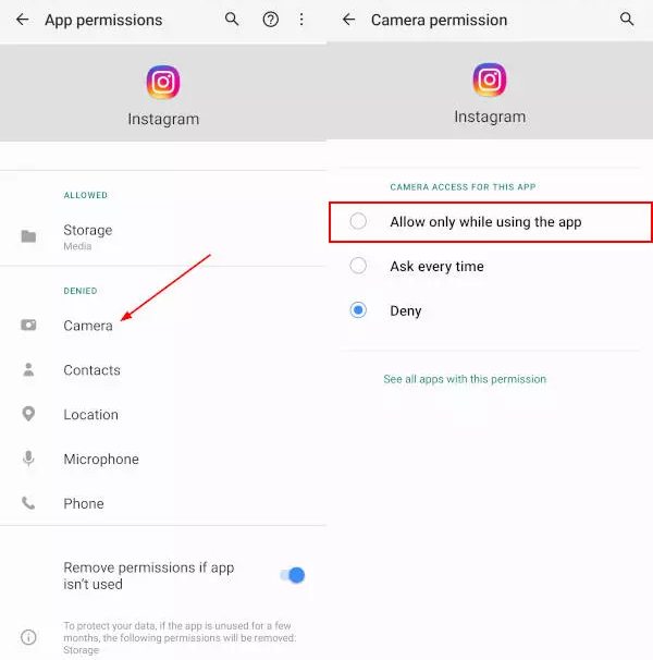 how to allow instagram access to photos on android