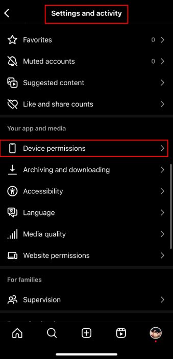 device permissions on Instagram