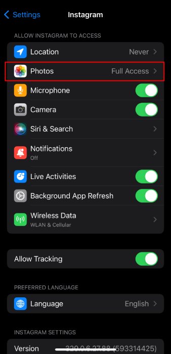 step 2 of allowing  photo access on Instagram on iPhone