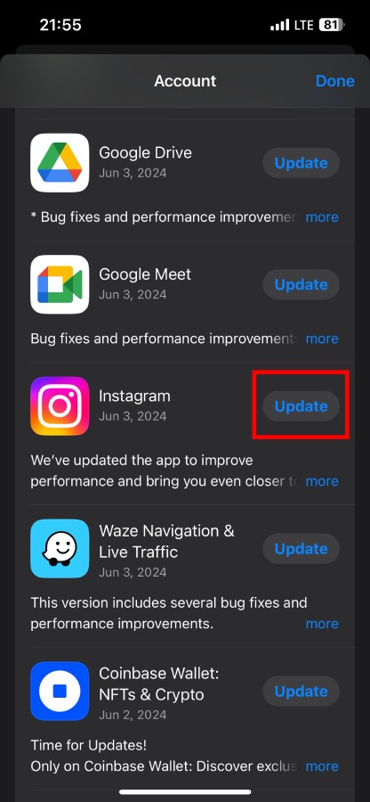 Tap the blue "Update" button next to the Instagram app